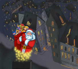 Santa Claus with gifts on the background of the city.