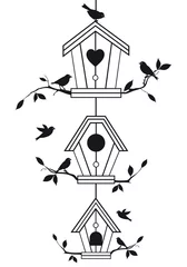 Deurstickers Vogels in kooien vogelhuisjes met boomtakken, vector
