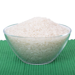 Rice in glass dish, on green tablecloths