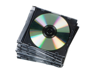 Stack CD discs in box isolated on white background top view.