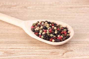 pepper spice on the spoon on wooden background
