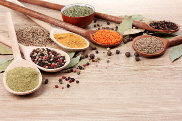 spices in the spoons on wooden background