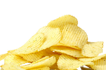 Delicious potato chips isolated on white