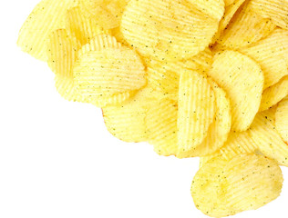 Delicious potato chips isolated on white