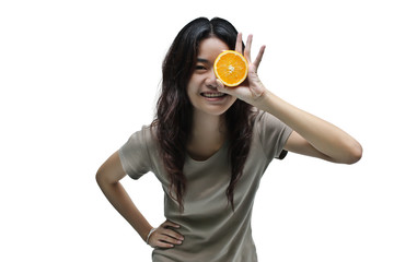 Beautiful girl showing an orange slice in her hand
