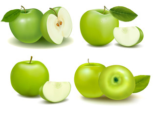 Set of fresh green apples with green leafs. Vector.
