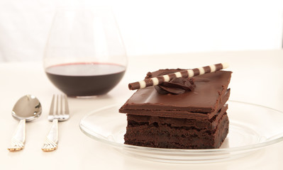 Chocolate brownie and wine background