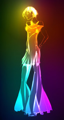 Hand-drawn fashion model from a neon. Vector illustration. A lig