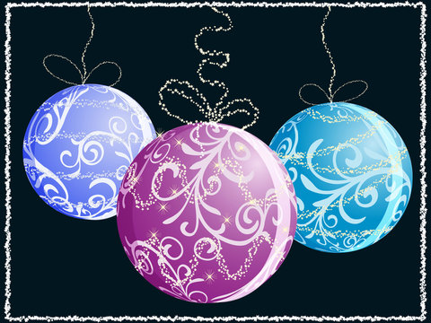 vector christmas card with three shiny balls, snowflakes and sta