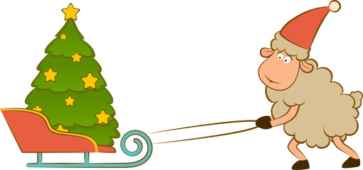 Cartoon funny sheep heaves up sledges with fir-tree.