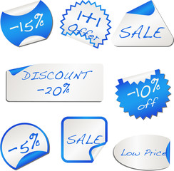 8 blue price discount stickers isolated on white