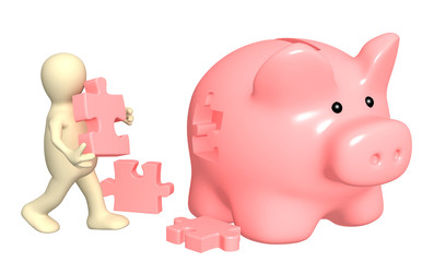 Puppet, piggy bank and puzzles