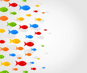 The flight of fishes floats on a grey background