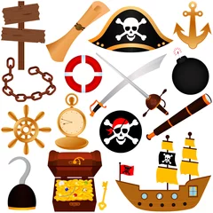 Fotobehang Piraten Een kleurrijk vectorthema van piraat, uitrusting, zeilen