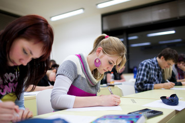 pretty female college student sitting in a classroom