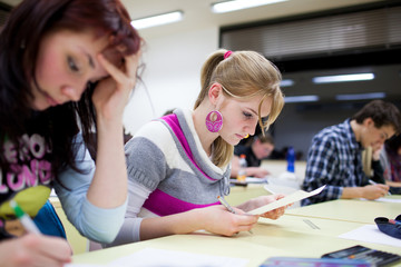 pretty female college student sitting in a classroom