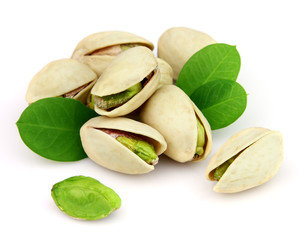 Pistachio nuts with leaves