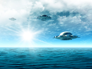 Fototapeta na wymiar Landscape with UFO