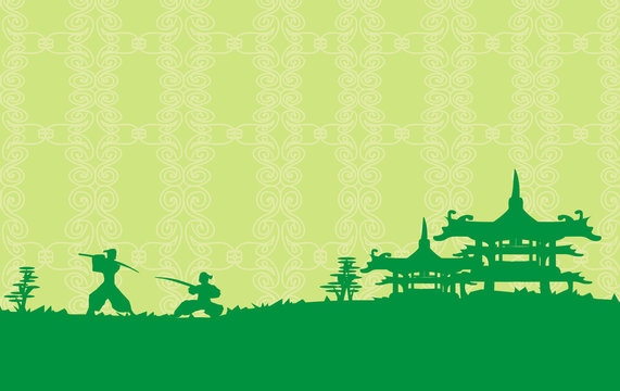 Samurai silhouette in Asian Landscape