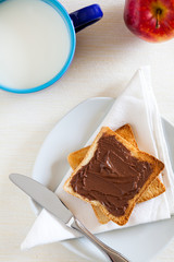 Breakfast with Chocolate Spread on Toast and Milk