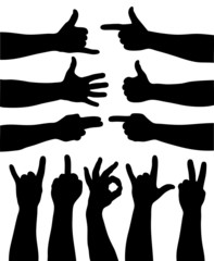 Set of 11  hand gestures on white. Vector illustration