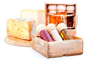 Spices in glass bottles, in the old box