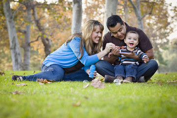 Happy Mixed Race Ethnic Family Playing with Bubbles In The Park