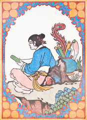 Art Chinese style painting on the wall in temple,Thailand.Genera