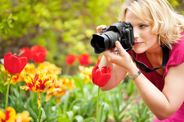 Woman photographing tulips