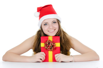 Christmas girl with gifts isolated on white