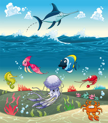 W morzu z rybami i innymi zwierzętami. Ilustracji wektorowych - obrazy, fototapety, plakaty