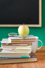 school chalkboard and books