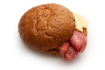 Sandwich with cheese and salami  on a white background