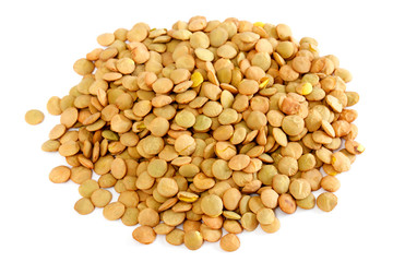 Brown lentils scattered on white background