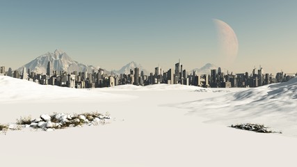 Futuristic Cityscape in Winter Snow