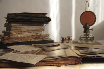 Close-up of old photos,books and letters.