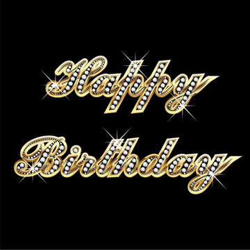 Happy birthday in gold with diamonds and bling bling