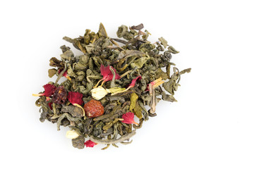 Pile of aromatic jasmin dry tea leaves isolated on white
