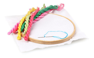 The embroidery hoop with canvas and bright sewing threads