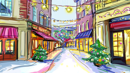 winter scenery   with illustrated city in the night
