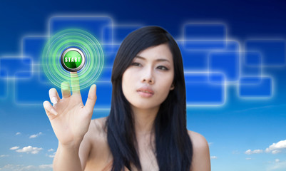 Portrait of Asian girl press recycle button.