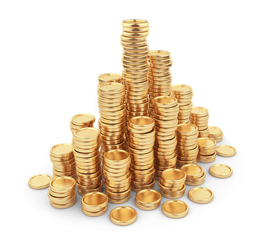 Heap gold coins 3D. Business concept. Isolated on white backgrou