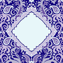 Ornate asian style ornamental floral card template in blue