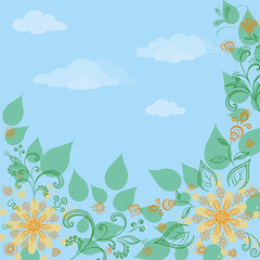 Fototapeta na wymiar flowers, leaves and blue sky
