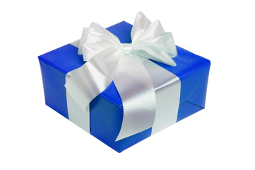 beautiful blue gift with white ribbon isolated on white