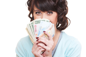 young woman holding dollars and euro