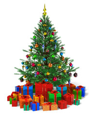 Decorated Christmas tree with heap of color gift boxes