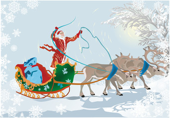 Fototapeta premium Santa on sleigh in winter forest