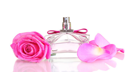 Perfume and pink roses on white background