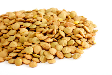Brown lentils scattered on white background